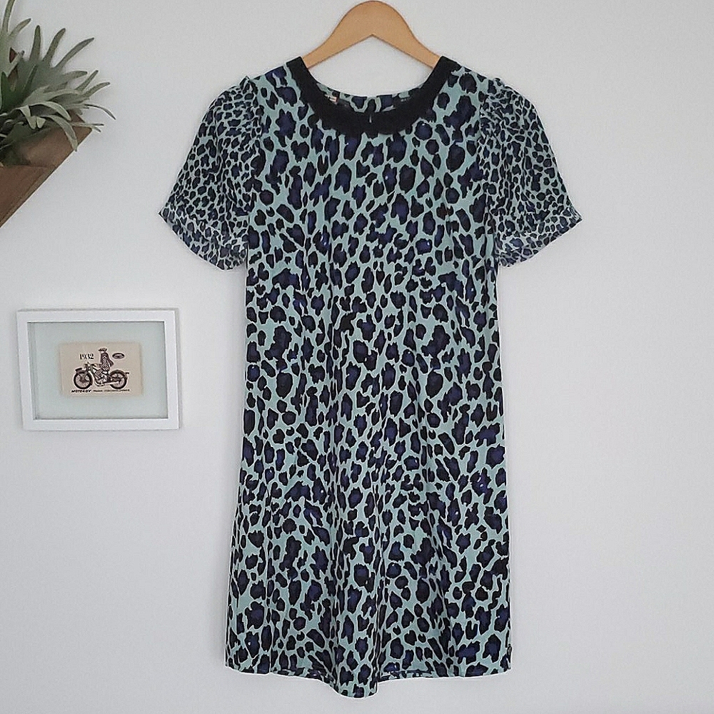 Blue leopard mini dress with a Peter pan collar